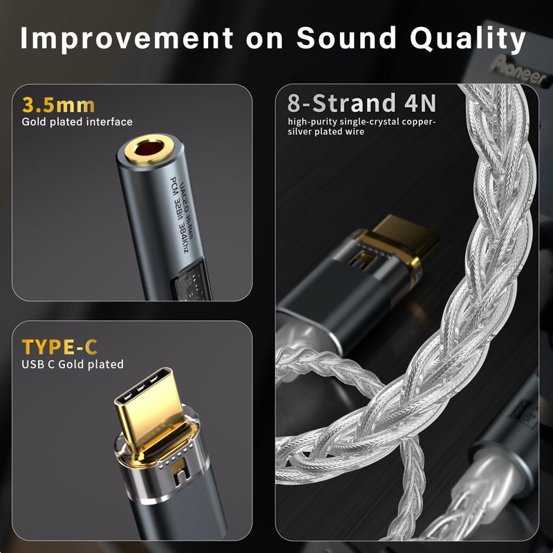 BZINK محول صوت USB Type-C إلى 3.5mm لسماعات الرأس، محول DAC عالي الدقة مع كابل نحاسي فضي مطلي ب 8 خيوط 4N، USB C إلى aux لأجهزة Android و iPhone و PC و Mac (أخضر) - Image 4